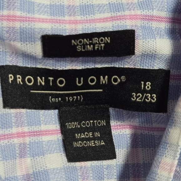 Pronto UOMO Men's Cotton Non Iron Slim Fit Plaid Button Down Shirt Size 18 32/33 - Picture 5 of 8